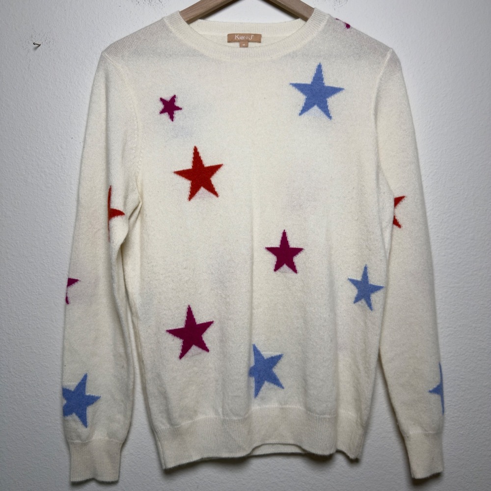 Kier + J Women 100% Cashmere Sweater Medium White Novelty Star Celestial